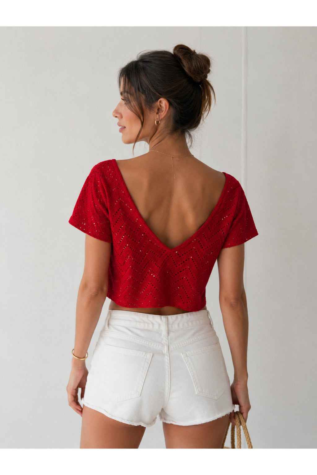 Siyah V Yaka Ajurlu Crop Bluz | D2451 - Kırmızı