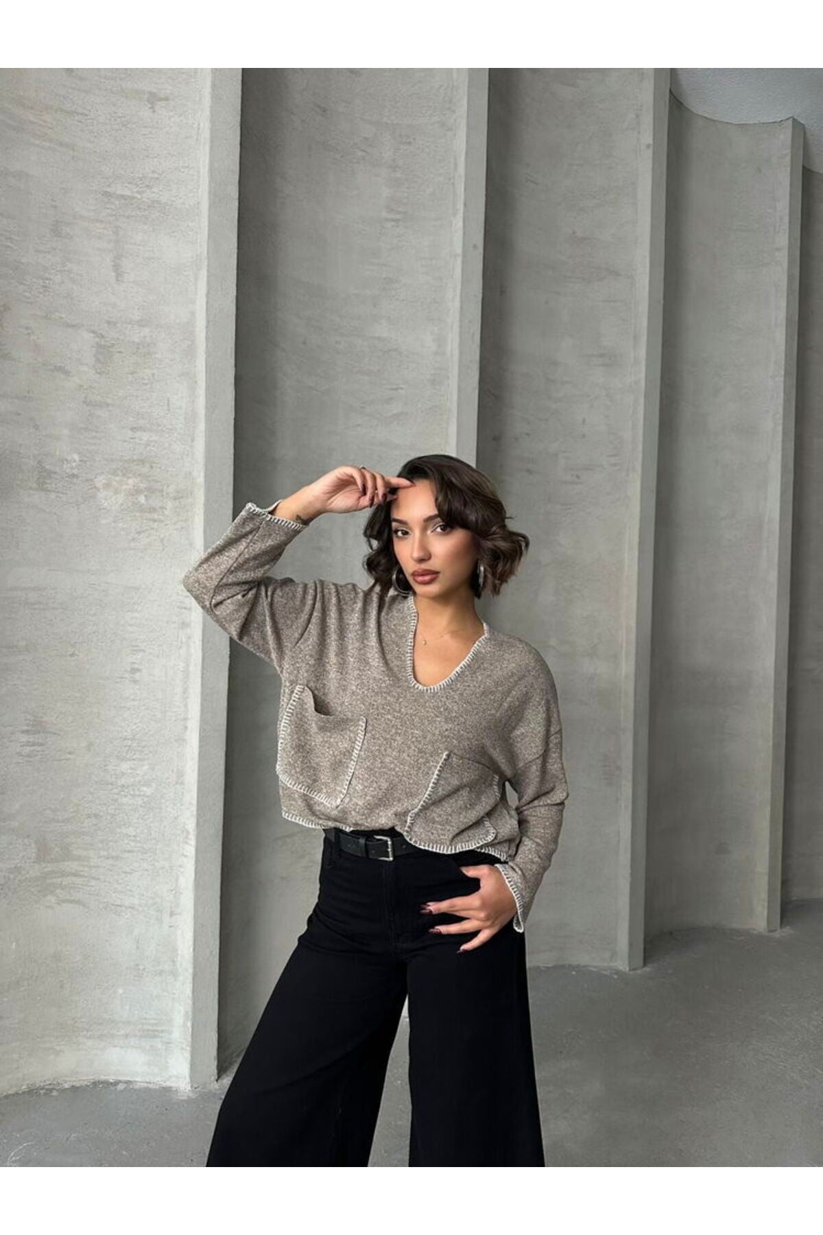 Çoban Dikişli Triko Bluz | F1652 - HAKİ