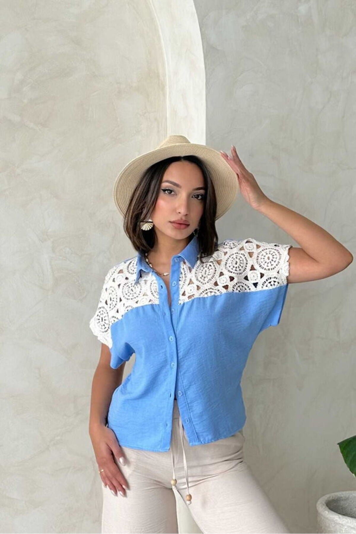 Göğüs Güpürlü Ham Bluz | D2390 - MAVİ