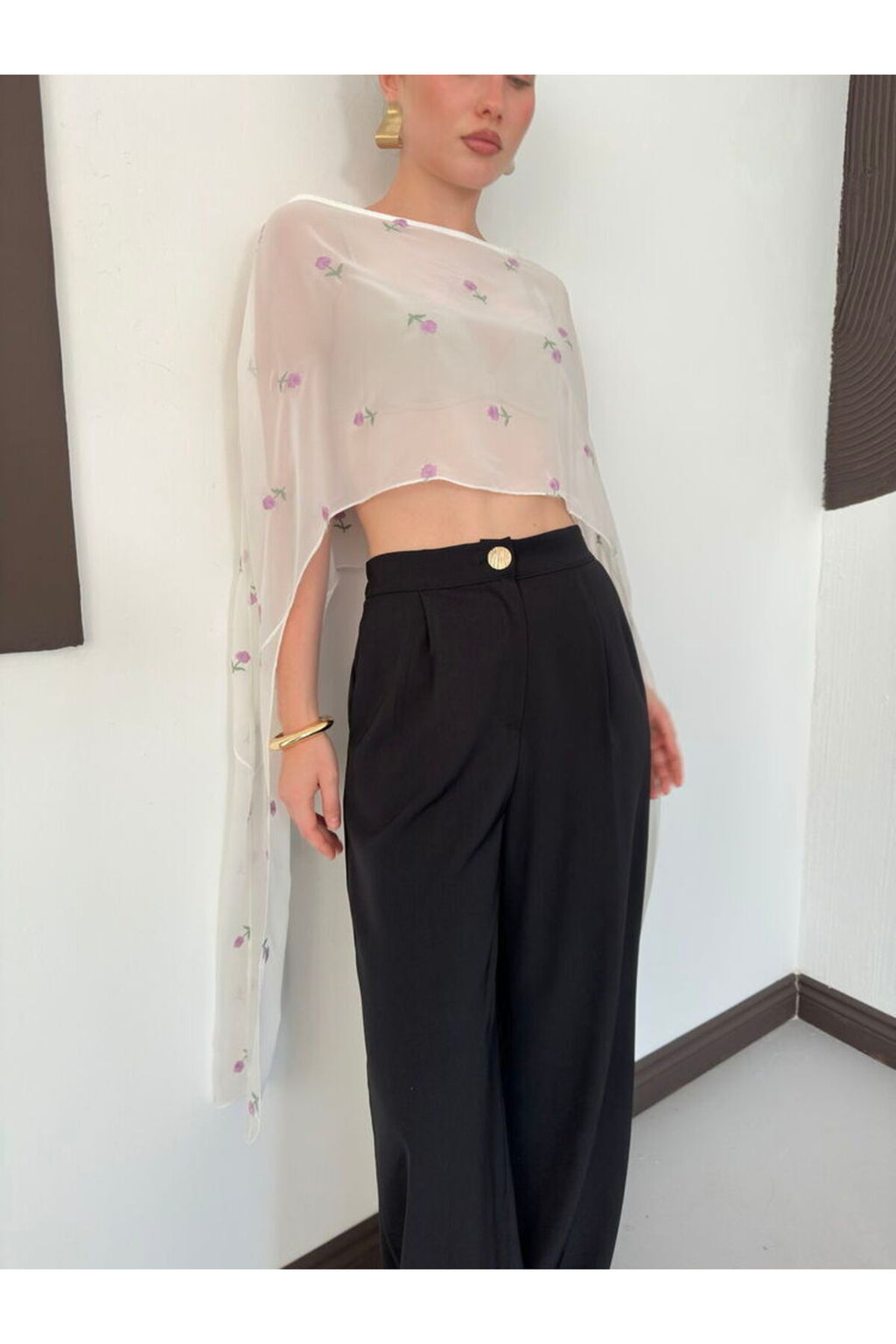 Nakışlı Şifon Pelerin Bluz | D3137