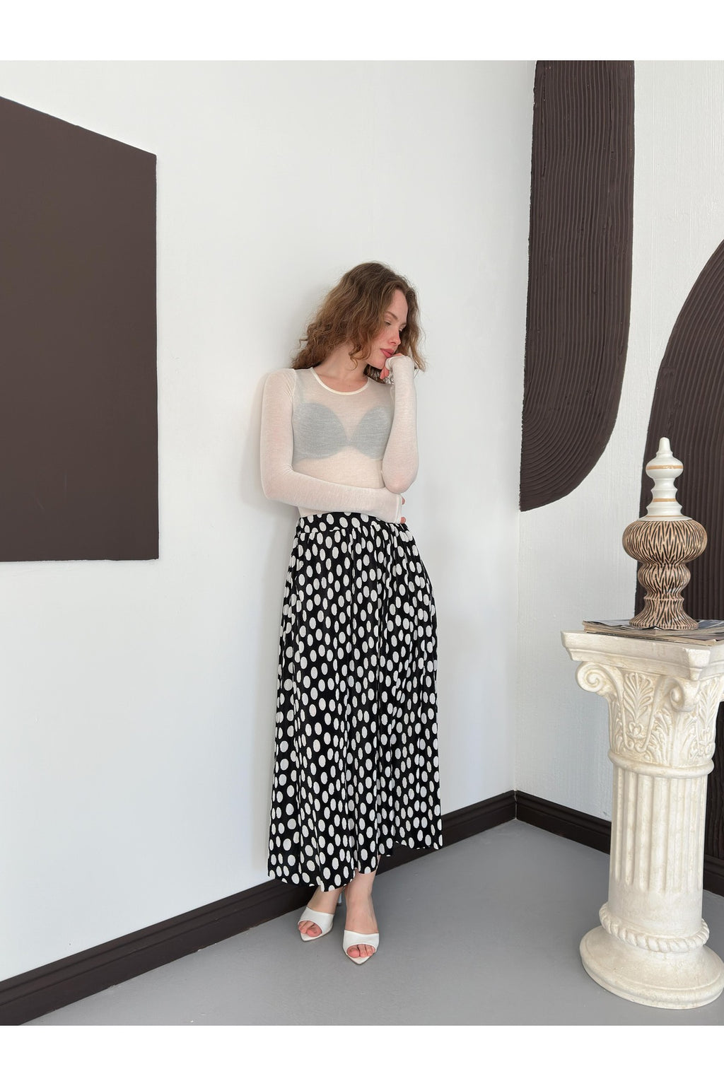 Dama Desenli Puantiyeli Etek | D3072 - Beyaz
