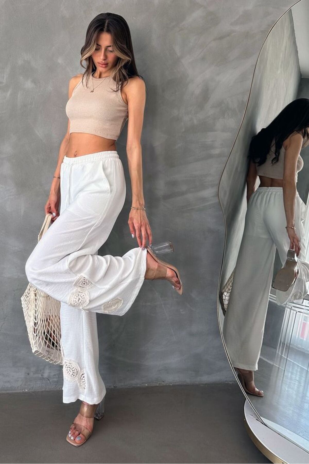 Bağcıklı Pantolon | D2441 - KREM