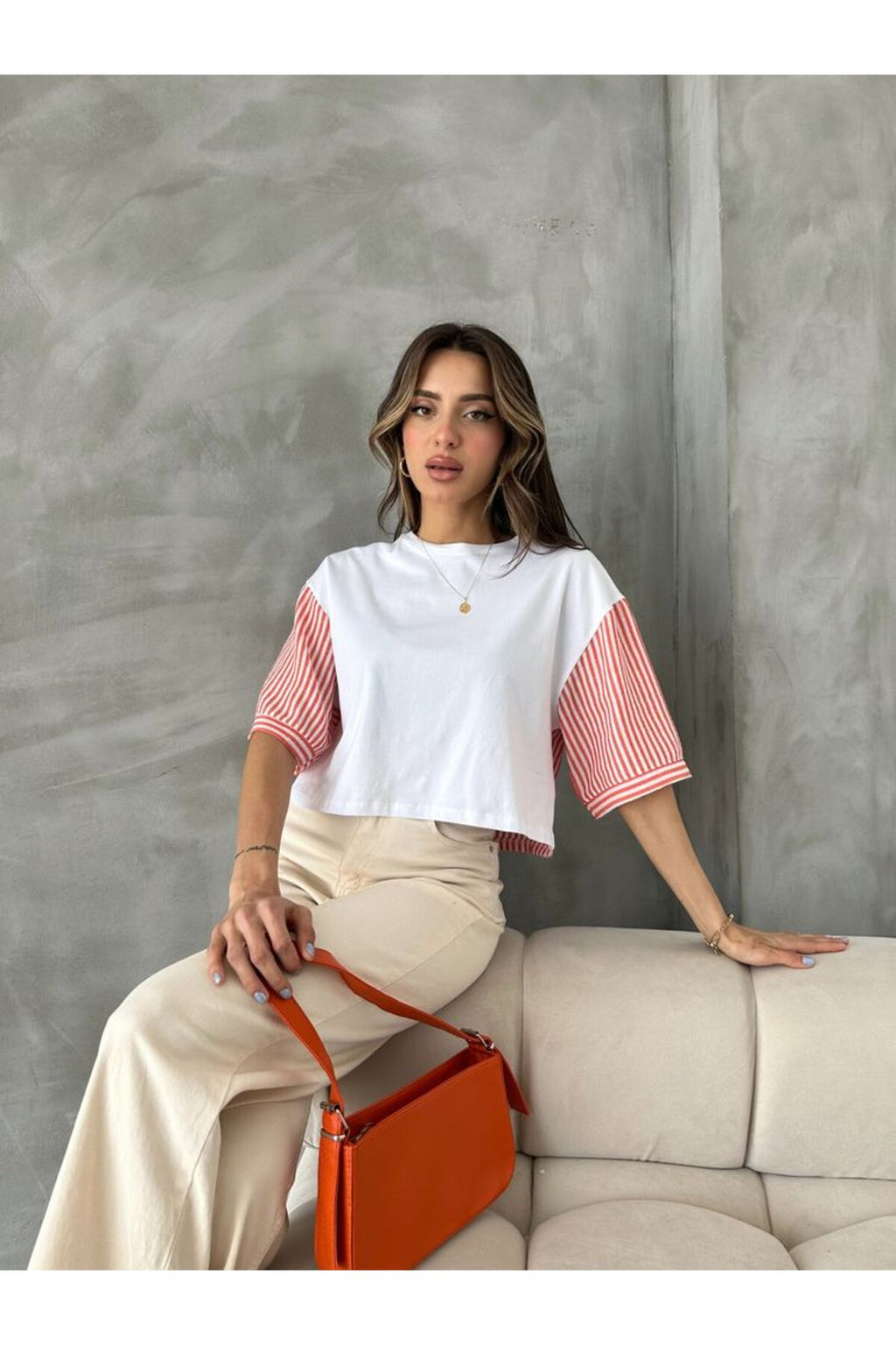 Çizgili Poplin Kollu T-Shirt | D2587 - BEYAZ MAVİ
