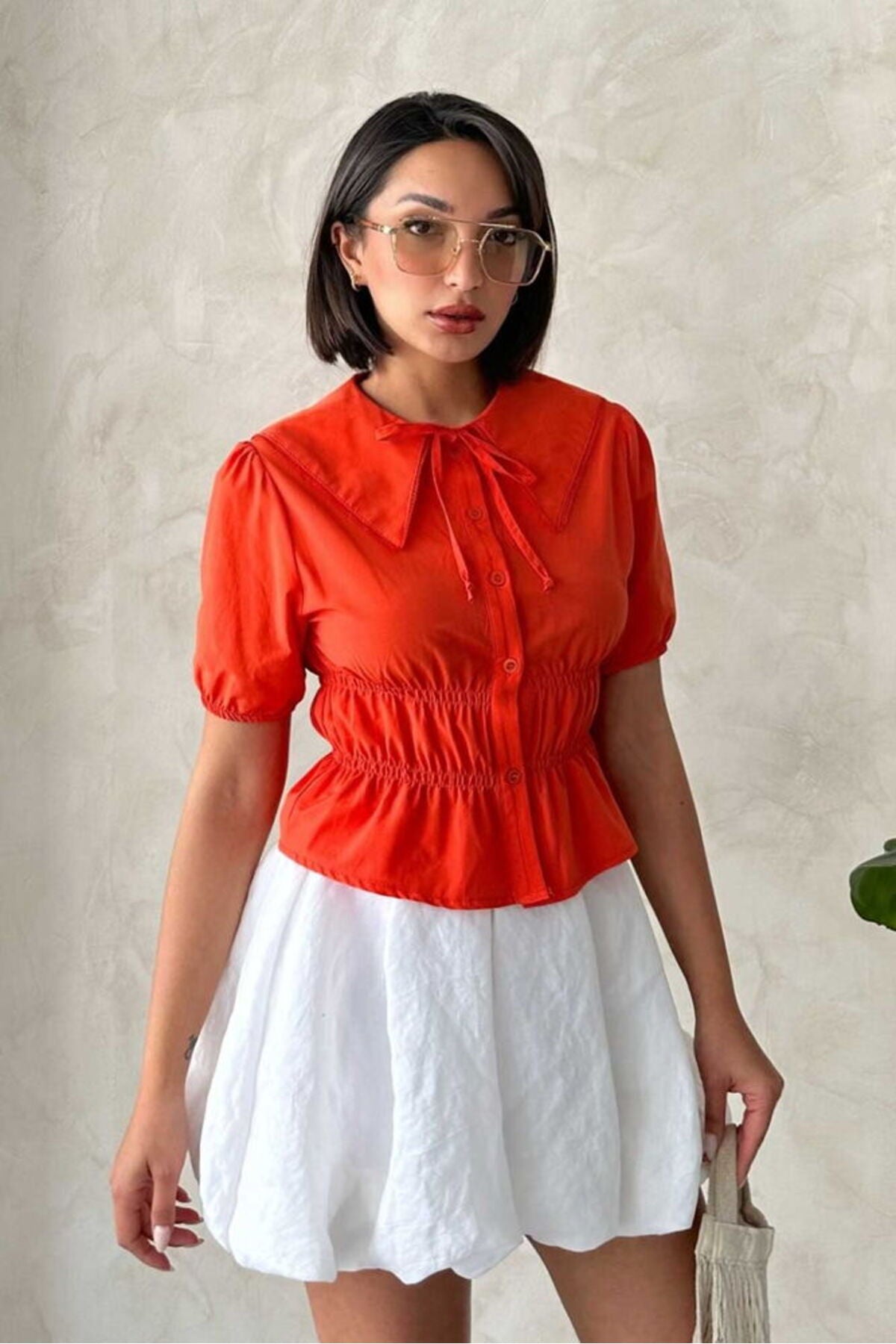 Yaka Detaylı Büzgülü Gömlek | D2813 - ORANJ