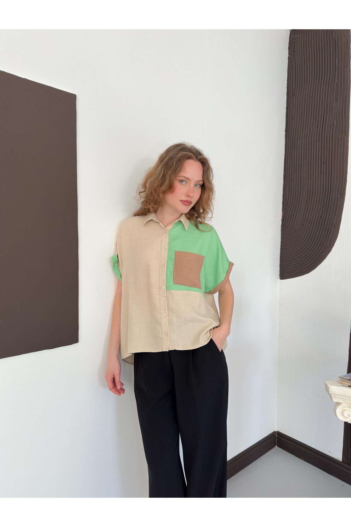 Çift Renk Cep Detaylı Gömlek Oversize | D2530 - Çok Renkli
