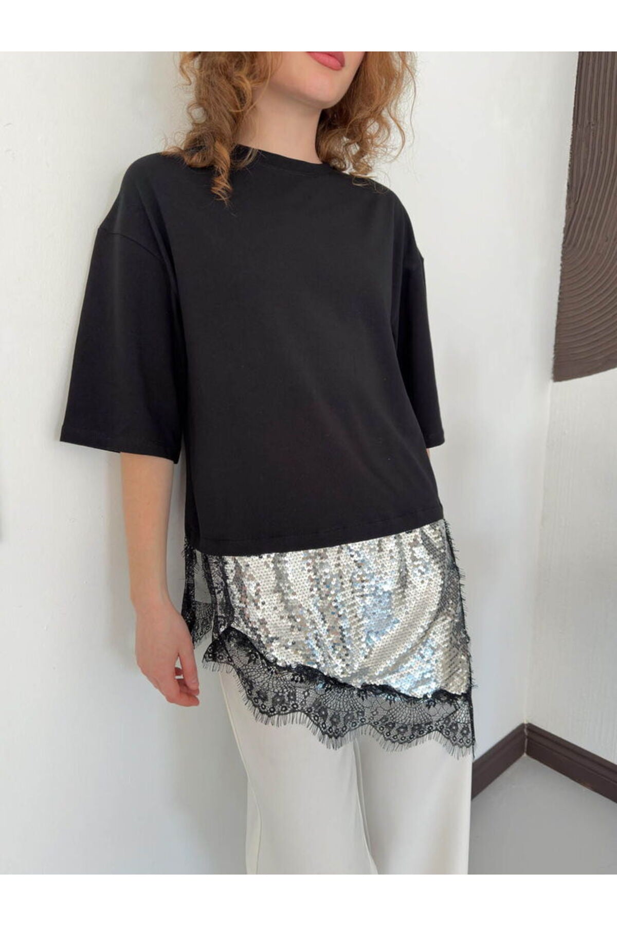Pullu Dantelli Tişört | D3064 - KREM