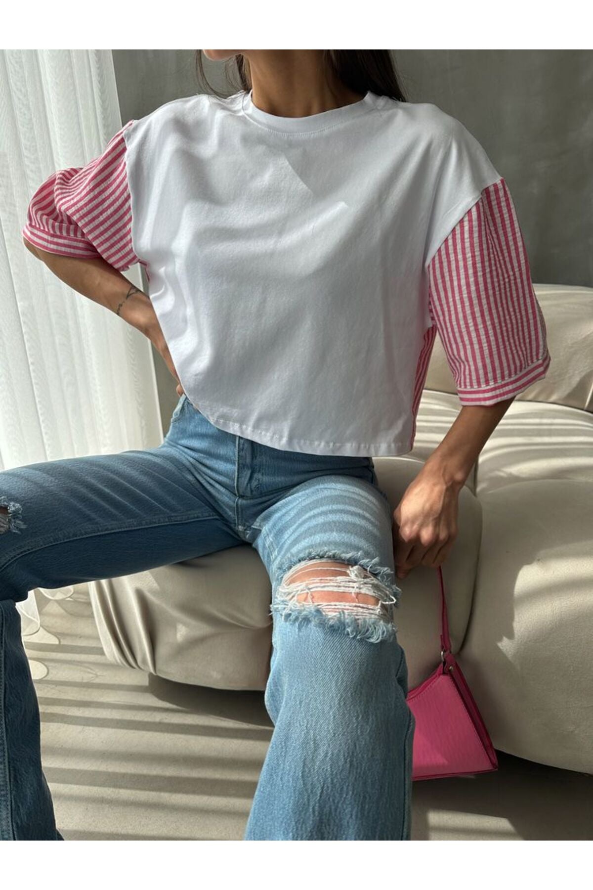 Çizgili Poplin Kollu T-Shirt | D2587 - BEYAZ ORANJ