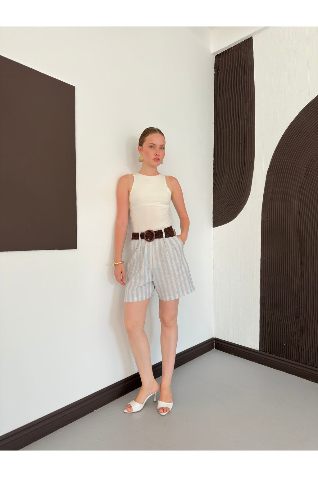 Çizgili Kemerli Keten Şort | D2577