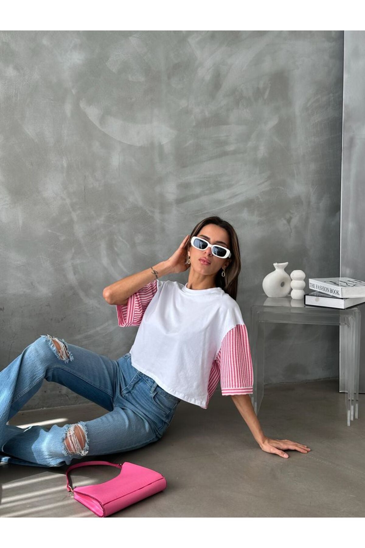 Çizgili Poplin Kollu T-Shirt | D2587 - BEYAZ FUŞYA