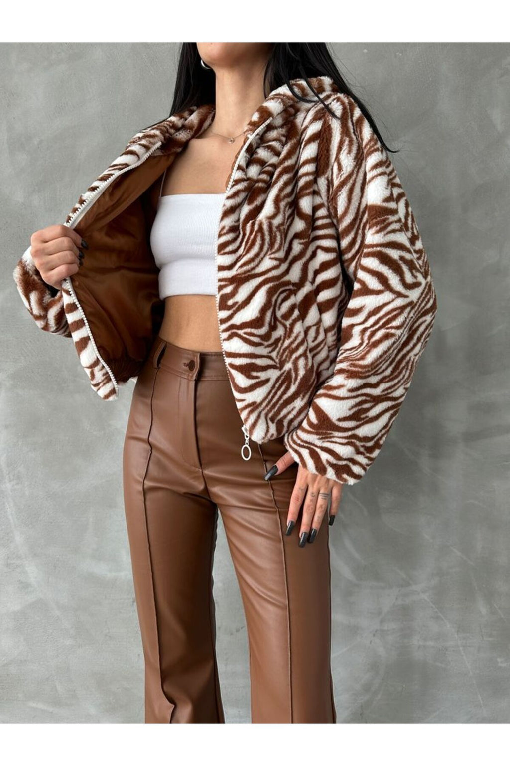 Leopar Bskılı Pejuş Mont | F1654 - KOYU TAŞ LEOPAR
