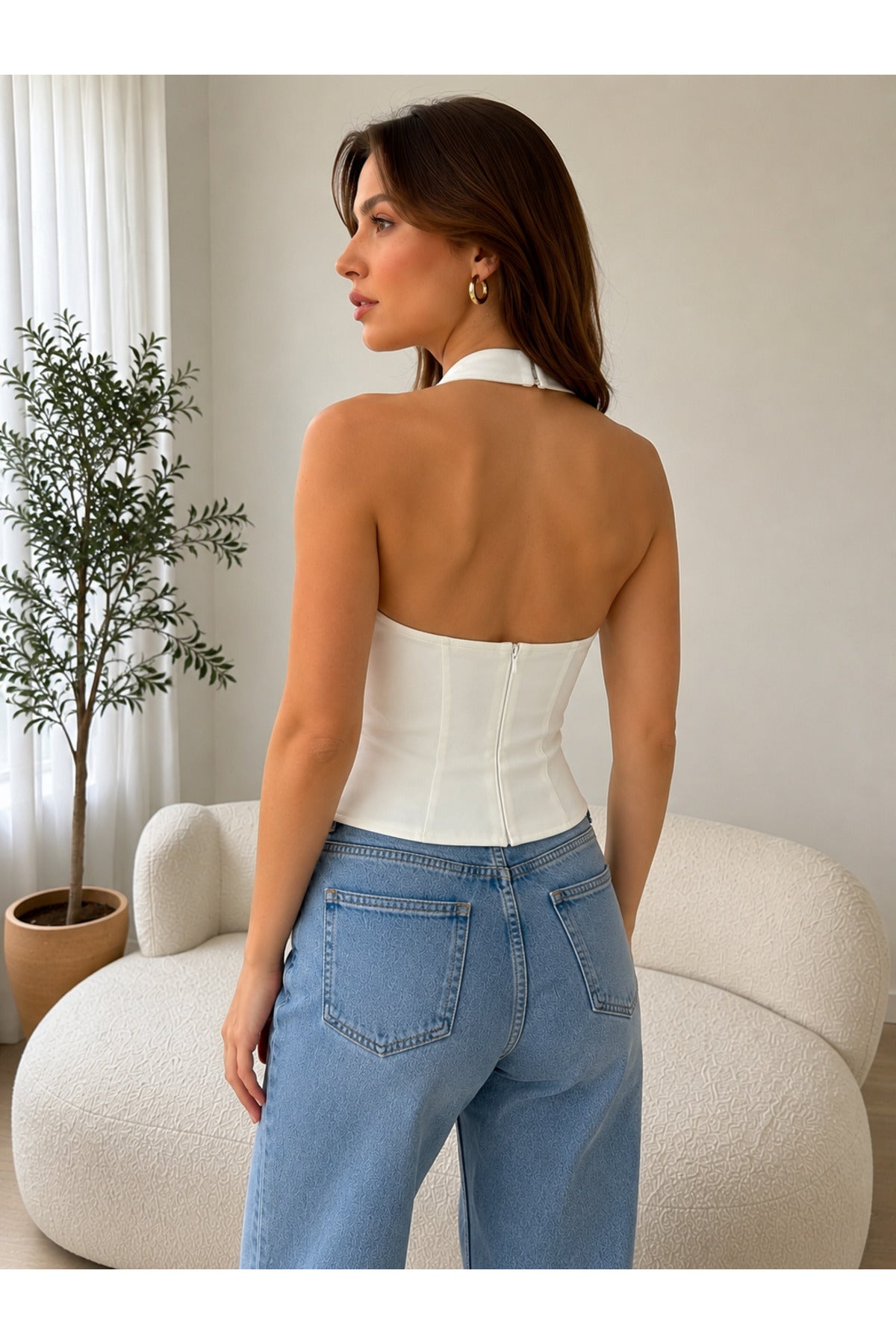 Ekru Gold Düğm Detaylı Halter Yaka Bluz | D3126 - Krem