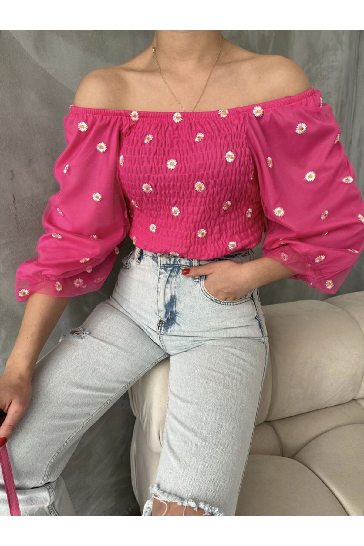 Gipeli Papatya Desenli Bluz | F0988 - LİLA