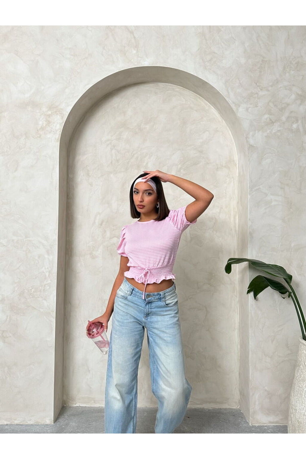 Beli Gipeli Pitikareli Bluz | D1430 - Pembe