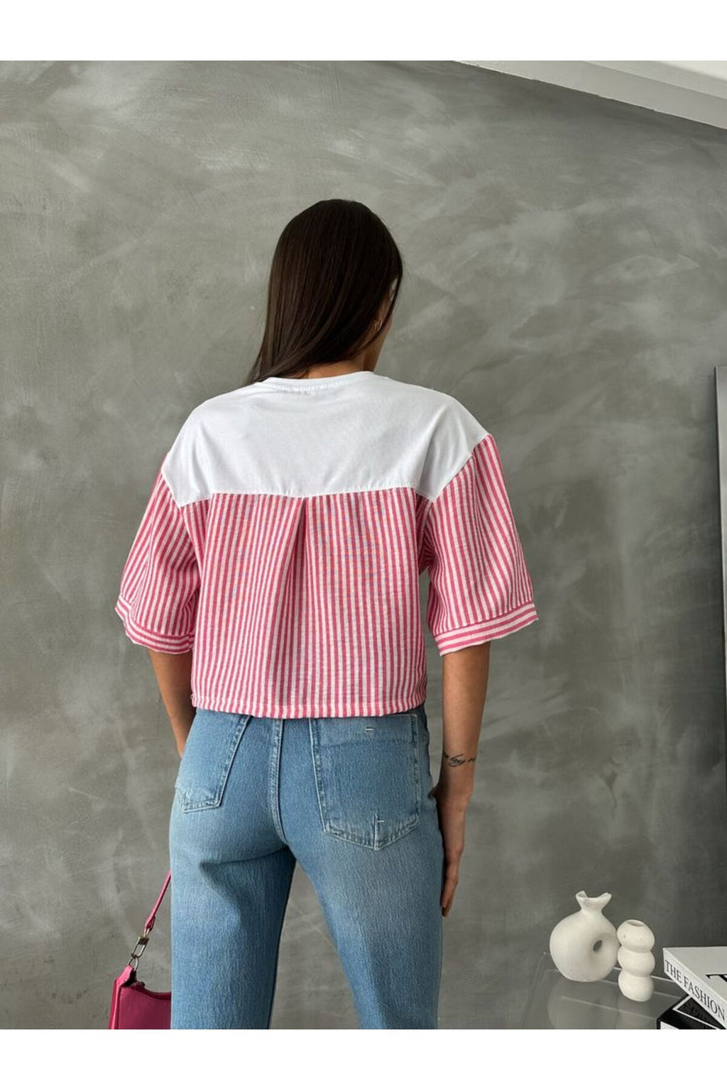 Çizgili Poplin Kollu T-Shirt | D2587 - BEYAZ ORANJ