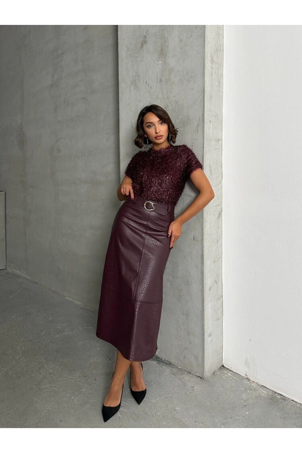 Deri Kemerli Etek | F1810 - BORDO YILAN D.