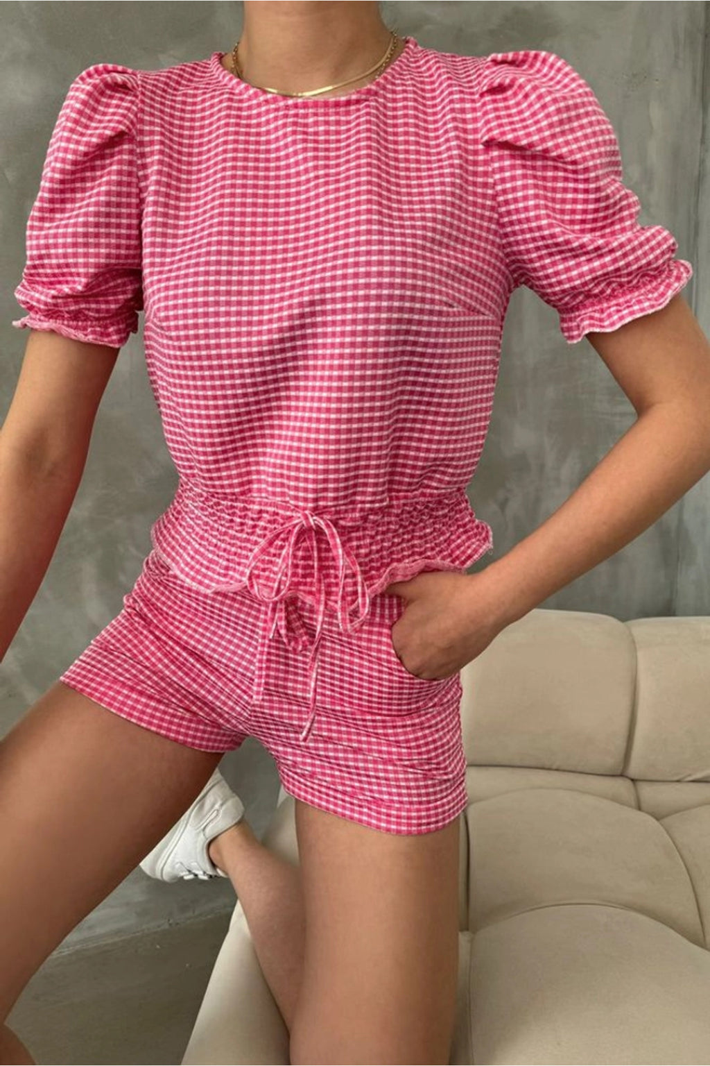 Beli Gipeli Pitikareli Bluz | D1430 - Fuşya