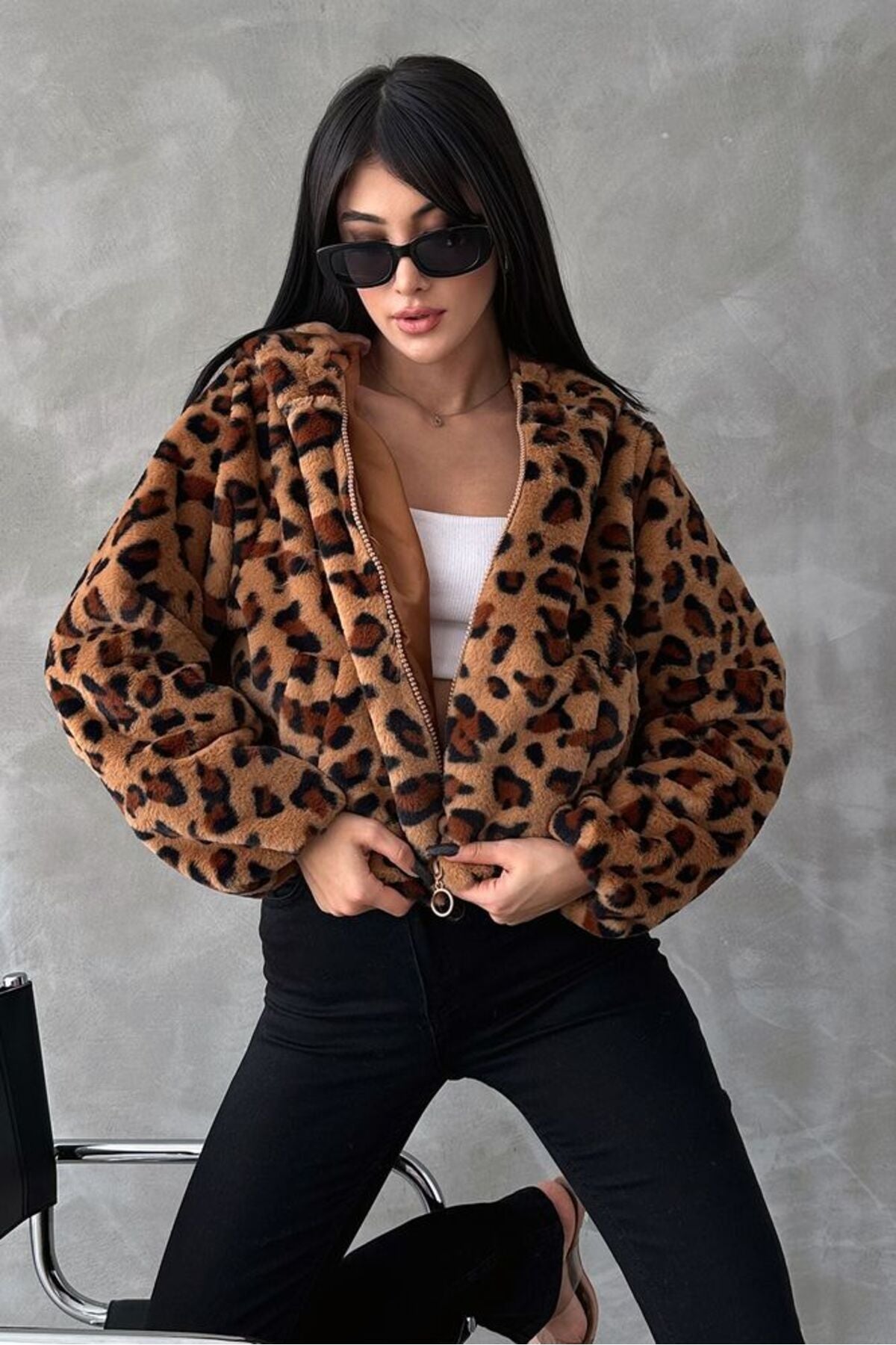Leopar Bskılı Pejuş Mont | F1654 - TABA ZEBRA