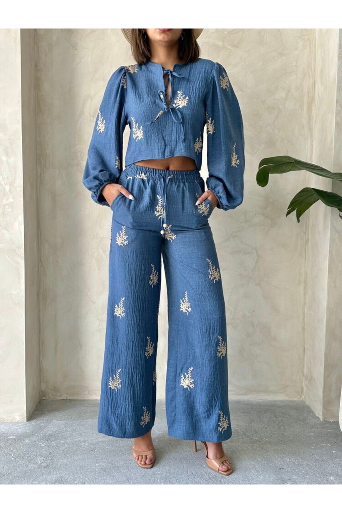 Nakış Detaylı Keten Pantolon | F1712