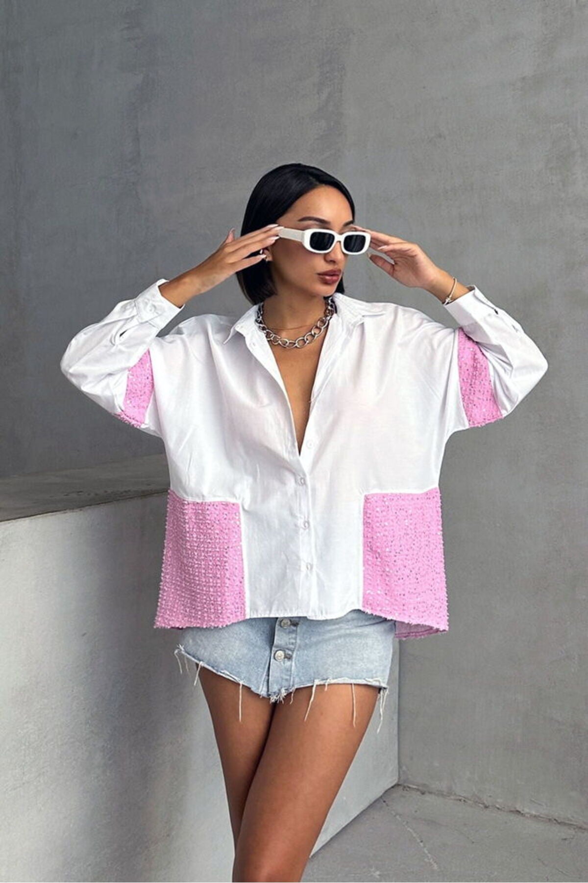 Pullu Kot Detaylı Gömlek | F1725 - PEMBE DSN1
