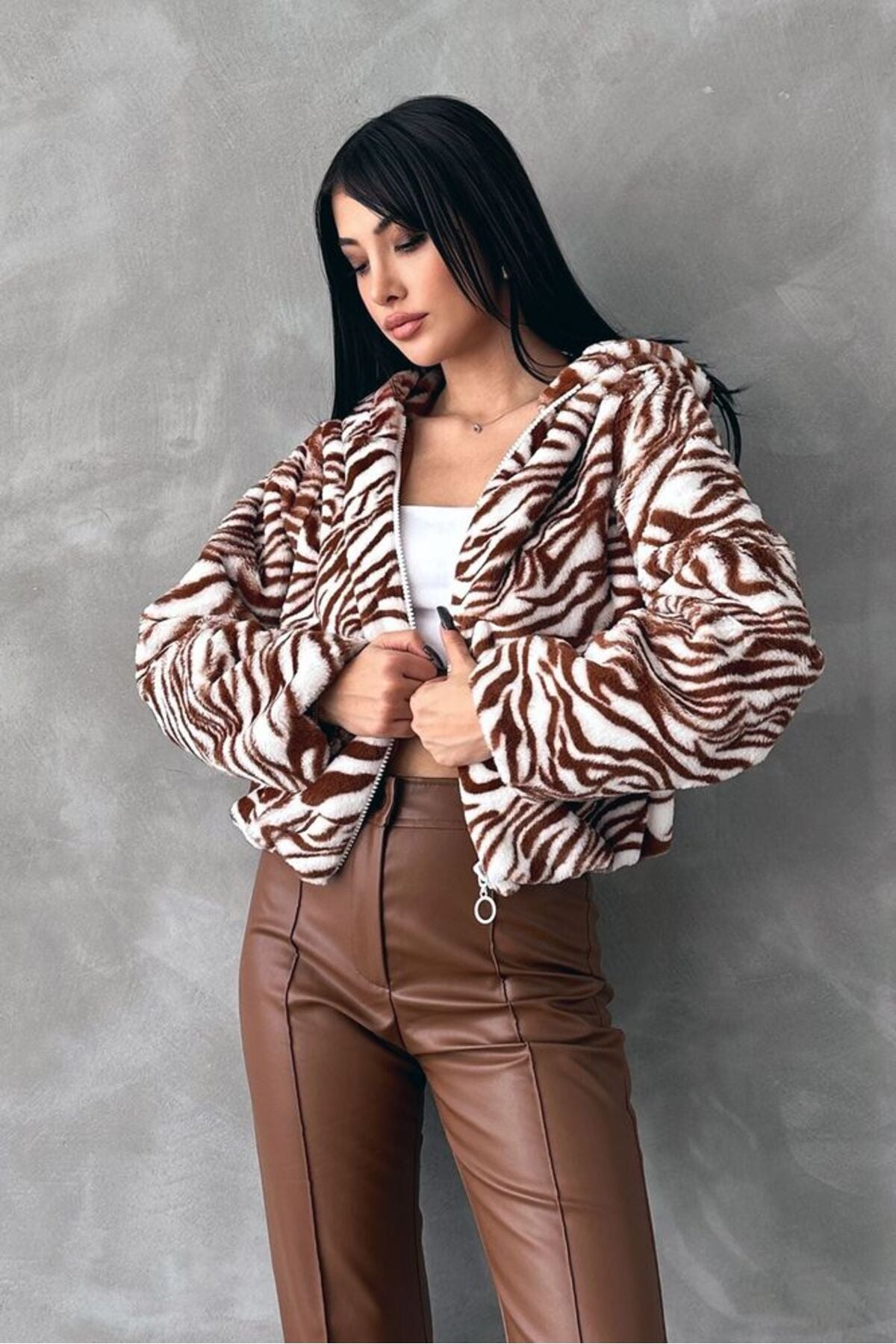 Leopar Bskılı Pejuş Mont | F1654 - SİYAH ZEBRA