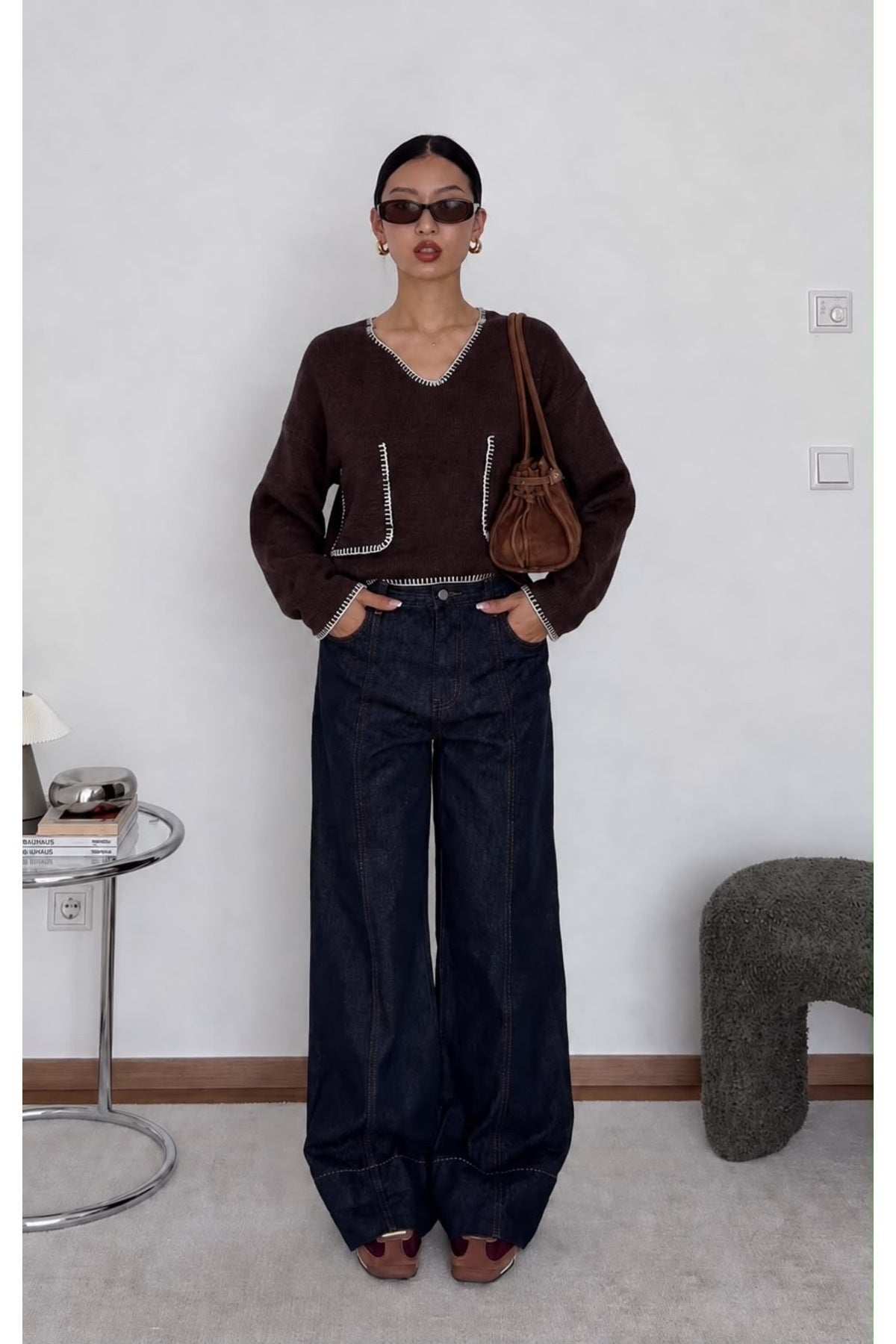 Çoban Dikişli Triko Bluz | F1652 - BORDO