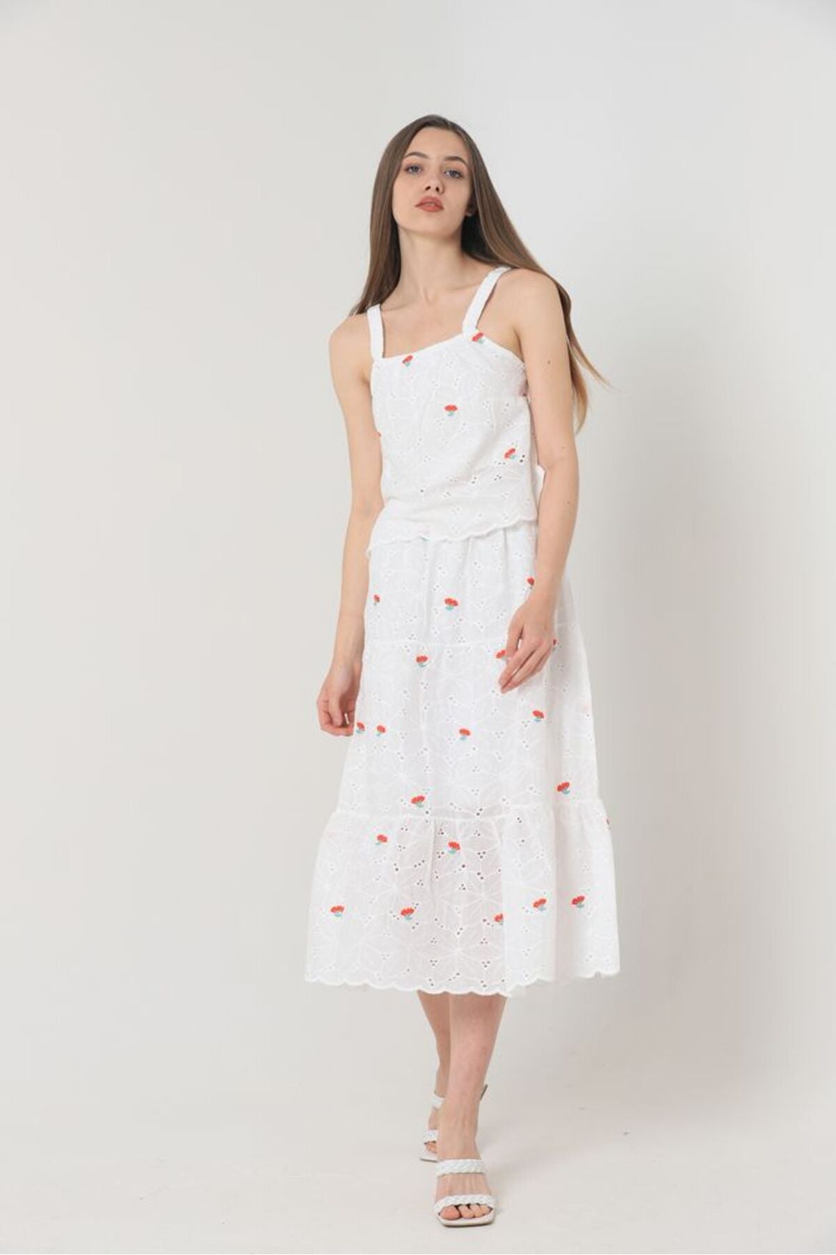 Çiçek Nakışlı Uzun Etek | D2366 - PEMBE
