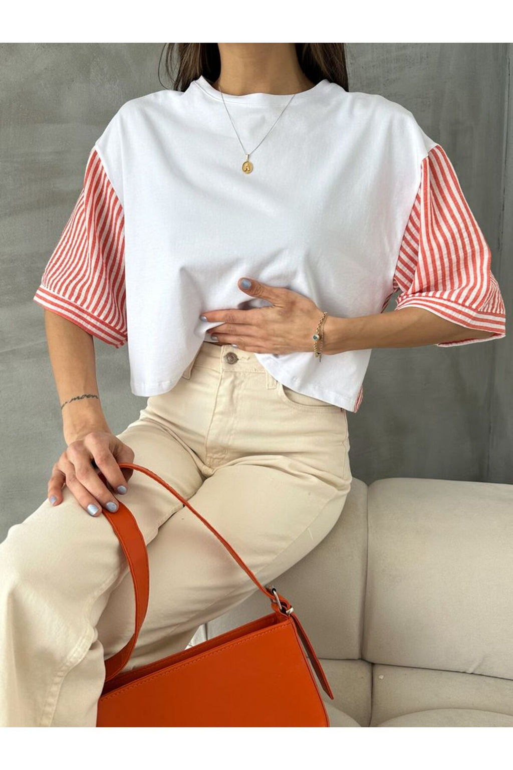 Çizgili Poplin Kollu T-Shirt | D2587 - BEYAZ MAVİ
