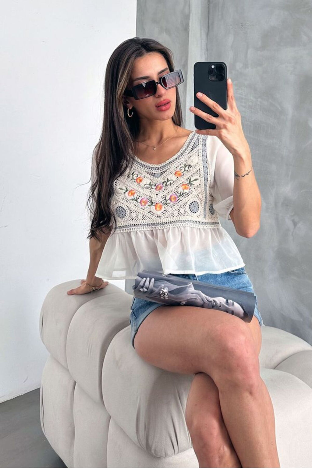 Nakışlı Bluz | D0008 - TAŞ GRİ