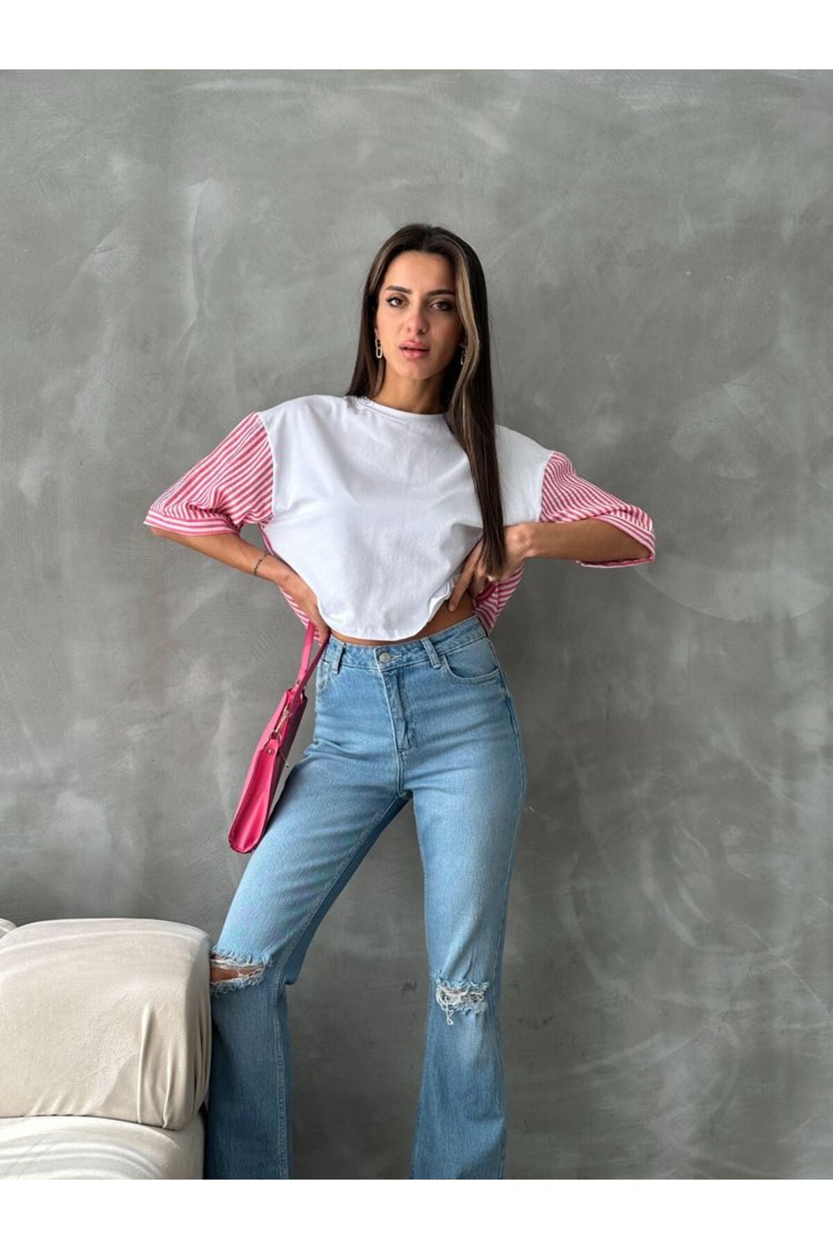 Çizgili Poplin Kollu T-Shirt | D2587 - BEYAZ FUŞYA