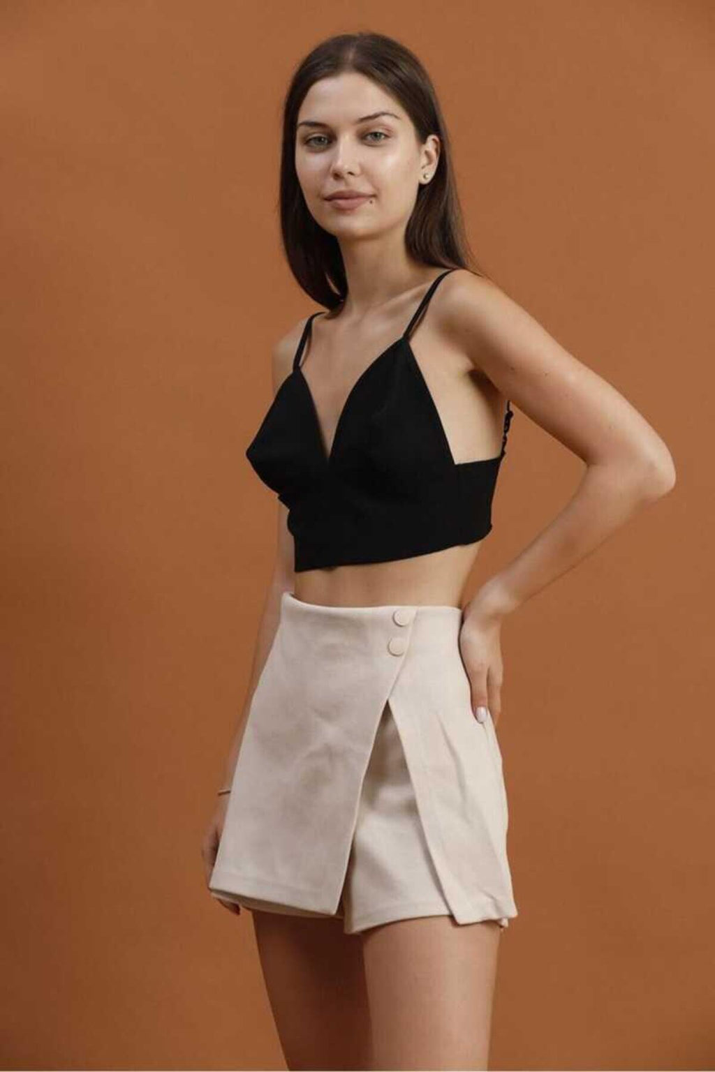 Taş Detaylı Mini Etek | F1386 - Bej