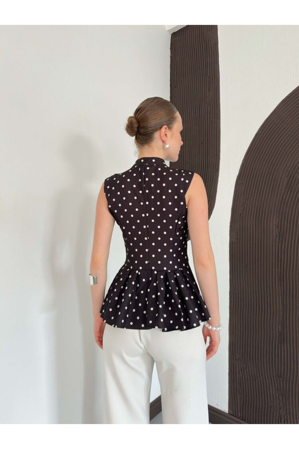 Çin Düğmeli Puantiyeli Bluz | D3074 - KAHVE