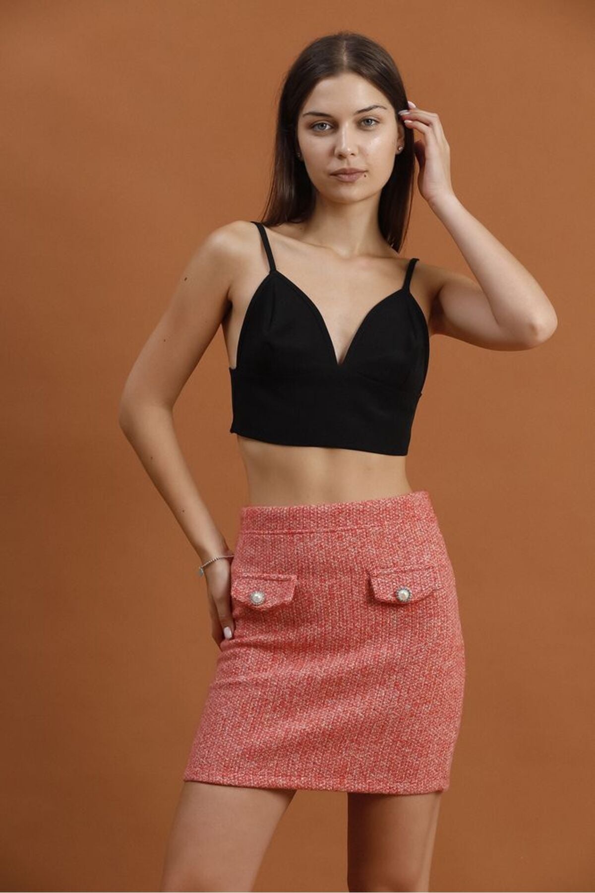 Cep Detaylı Mini Etek | F1382 - ORANJ