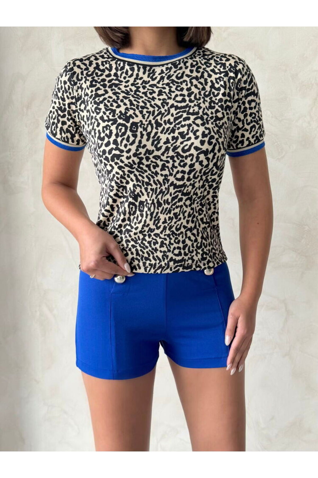 Bisiklet Yaka T-Shirt Leopar Saks | D2077