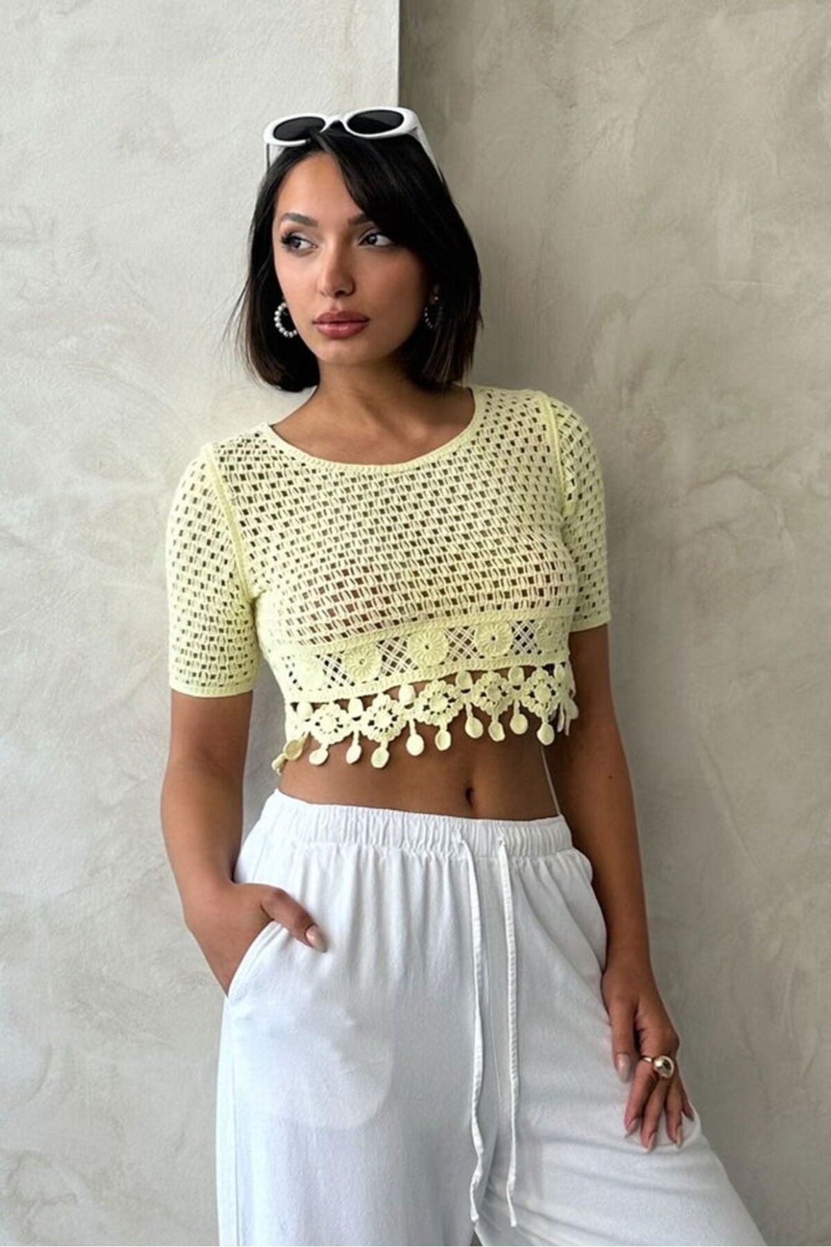 Püsküllü Ham Bluz Sarı | D0022 - SARI