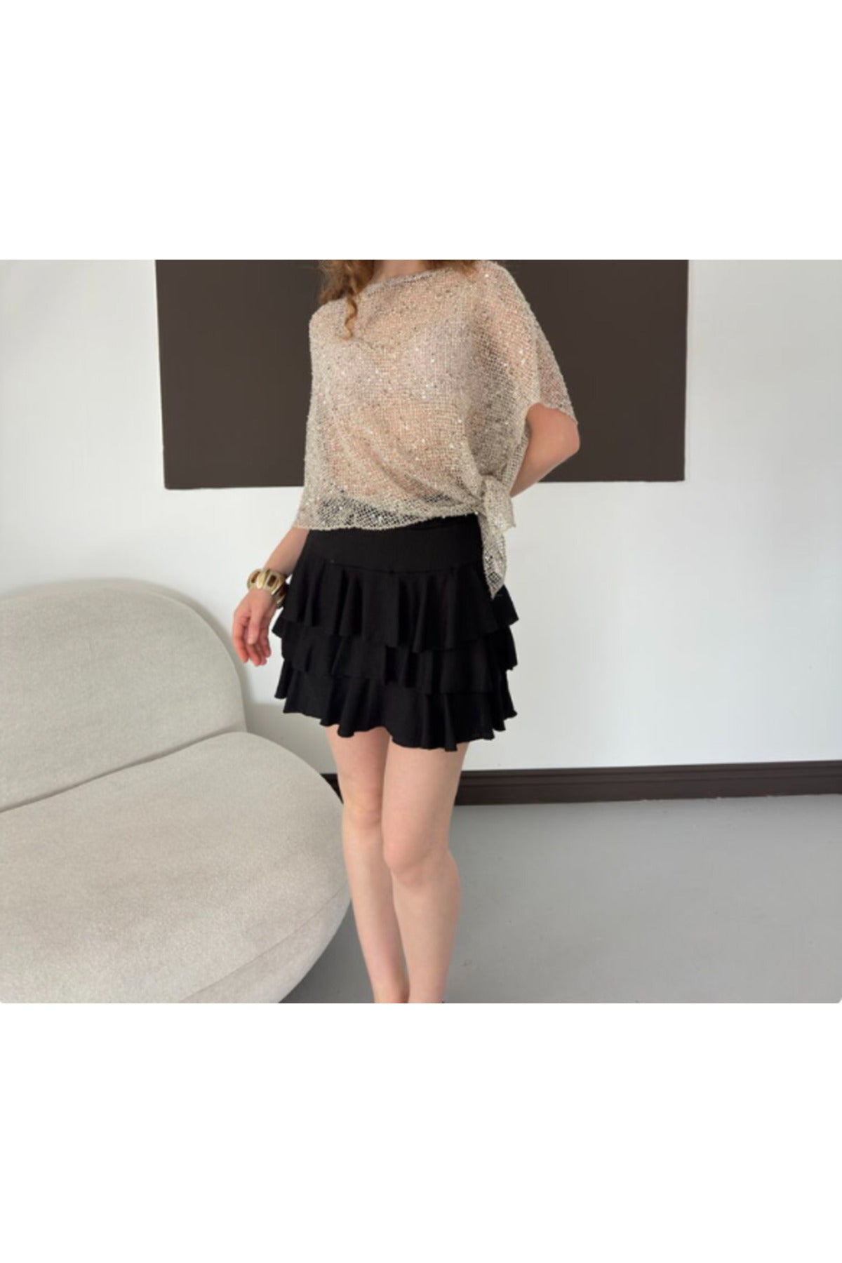 Asimetrik Kesim Yarasa Kol Pullu Bluz | D3118