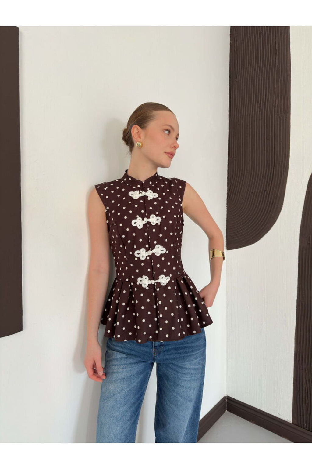 Çin Düğmeli Puantiyeli Bluz | D3074 - KAHVE