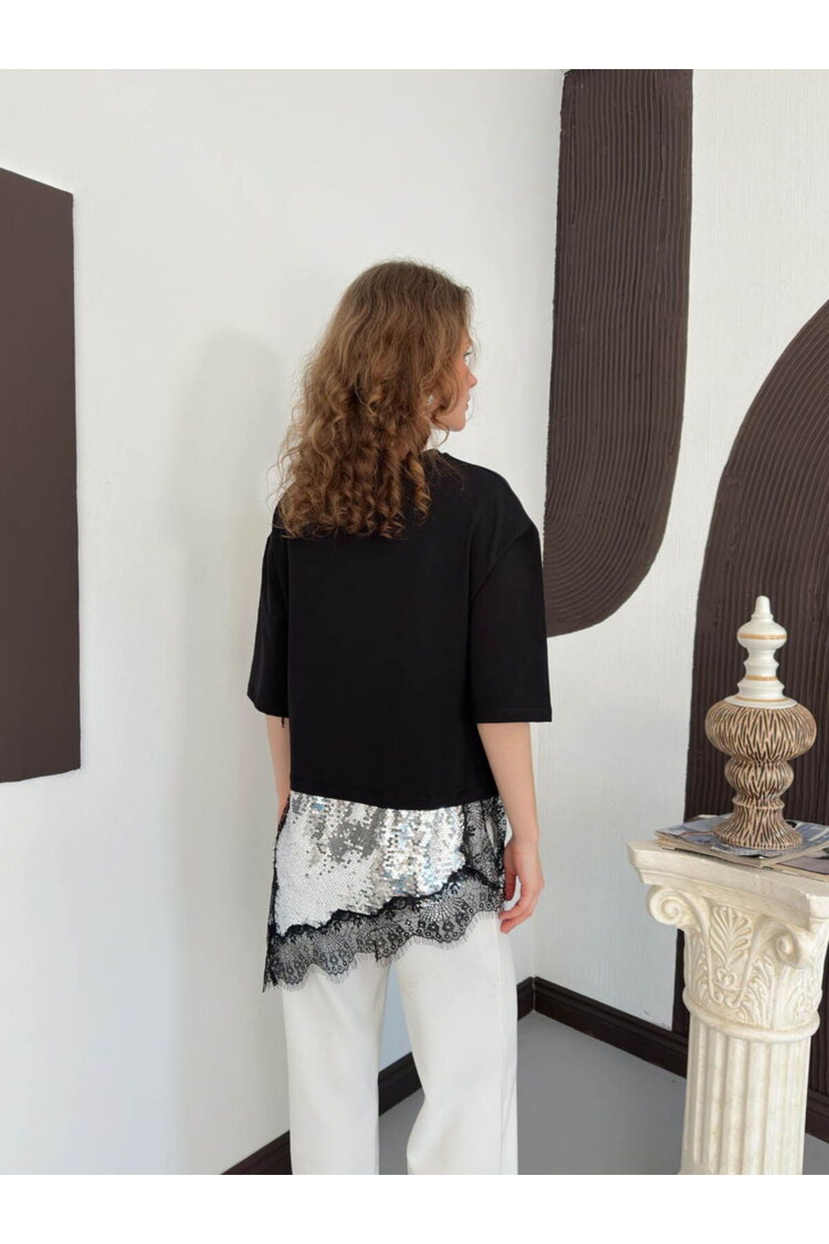 Pullu Dantelli Tişört | D3064 - KREM