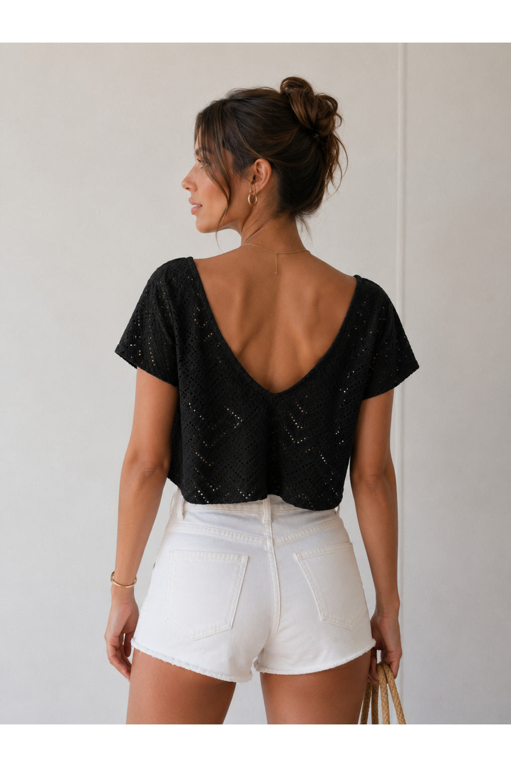 Siyah V Yaka Ajurlu Crop Bluz | D2451 - Siyah