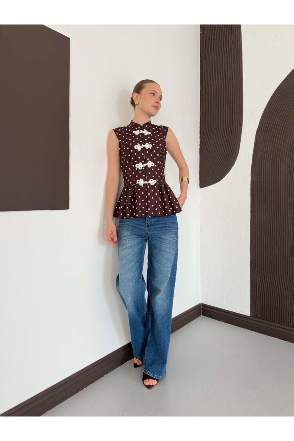 Çin Düğmeli Puantiyeli Bluz | D3074