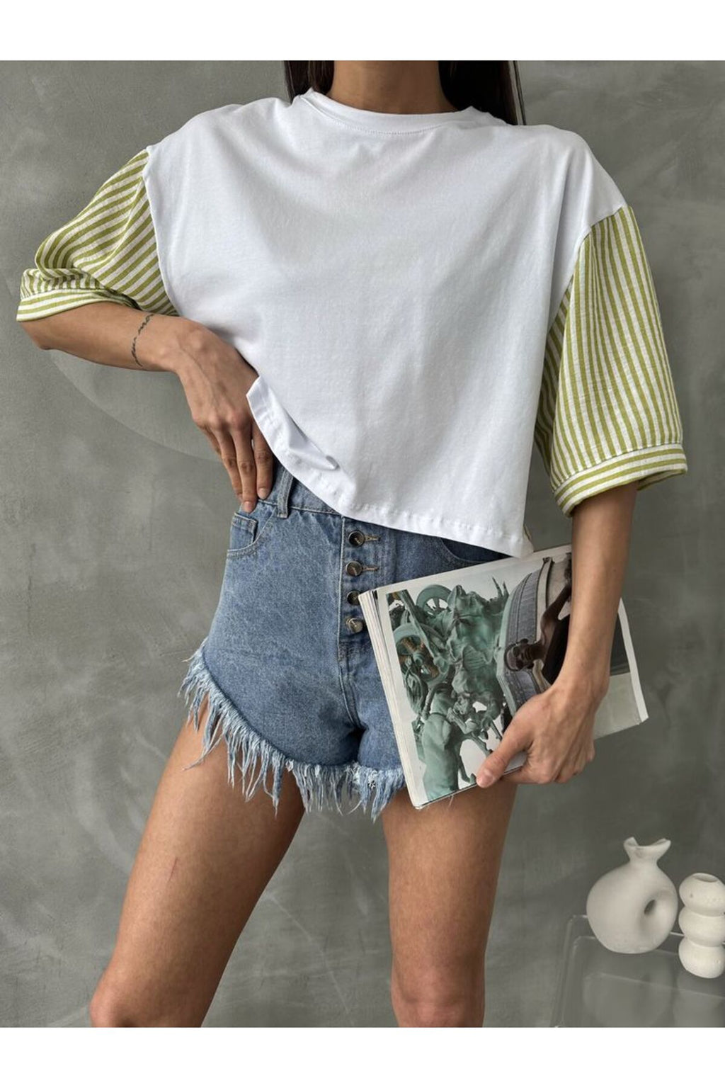 Çizgili Poplin Kollu T-Shirt | D2587