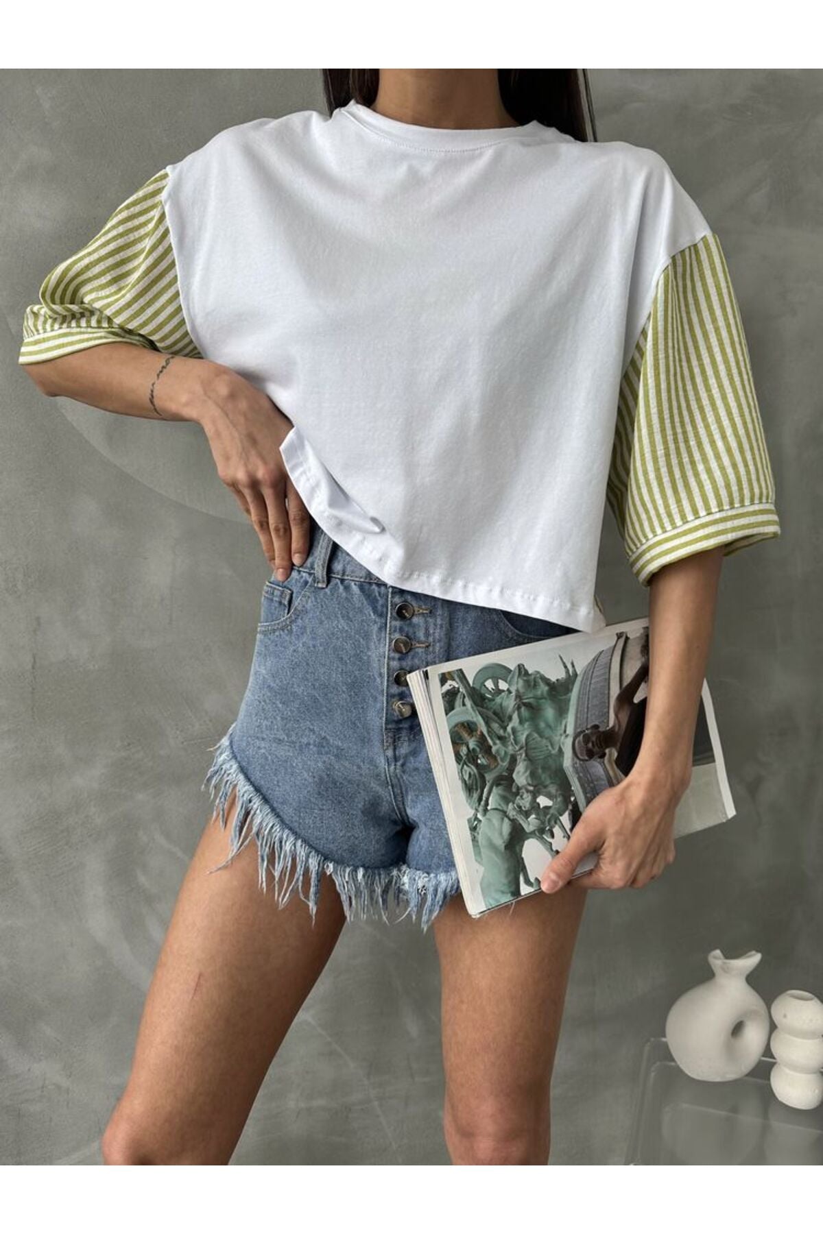 Çizgili Poplin Kollu T-Shirt | D2587