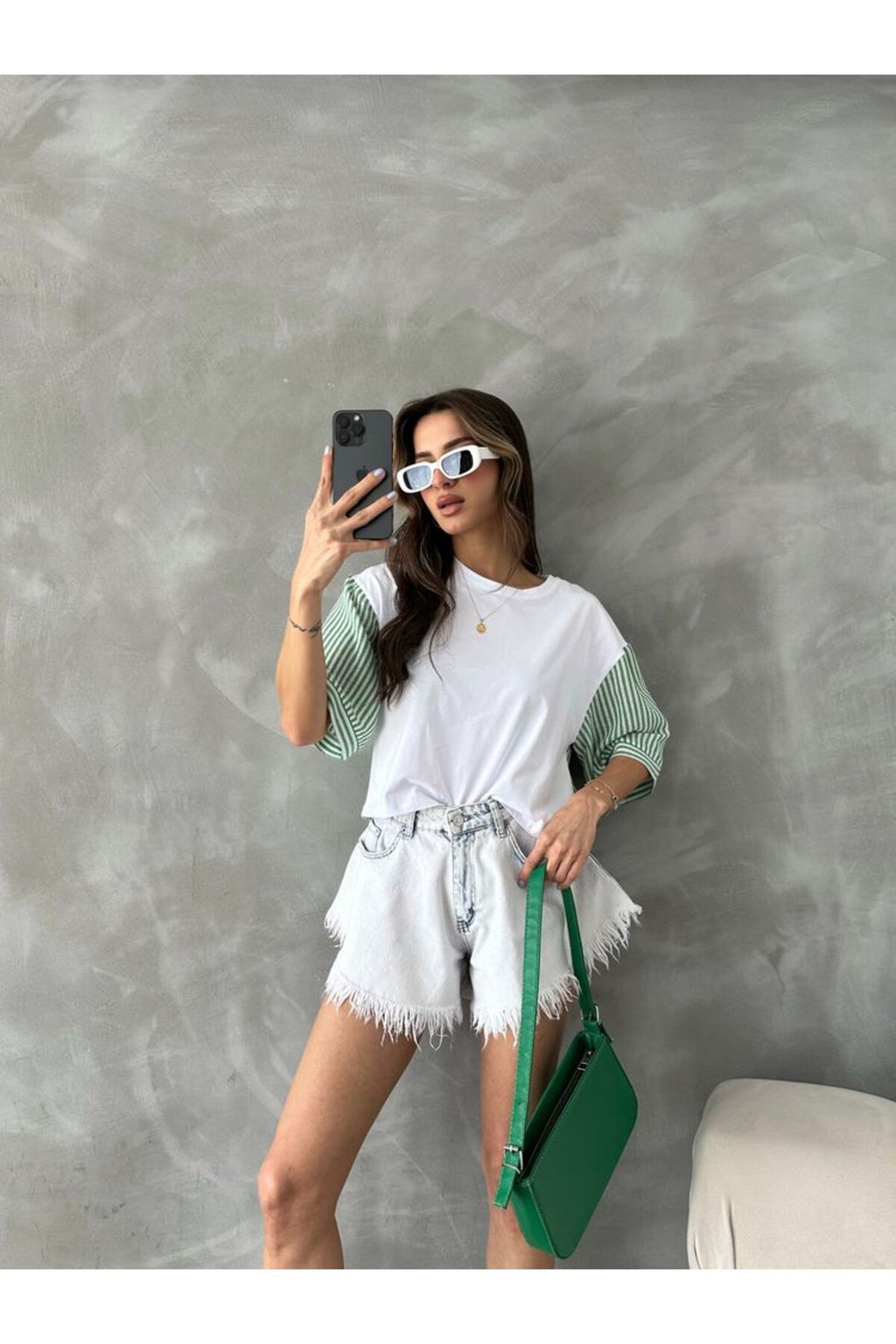 Çizgili Poplin Kollu T-Shirt | D2587