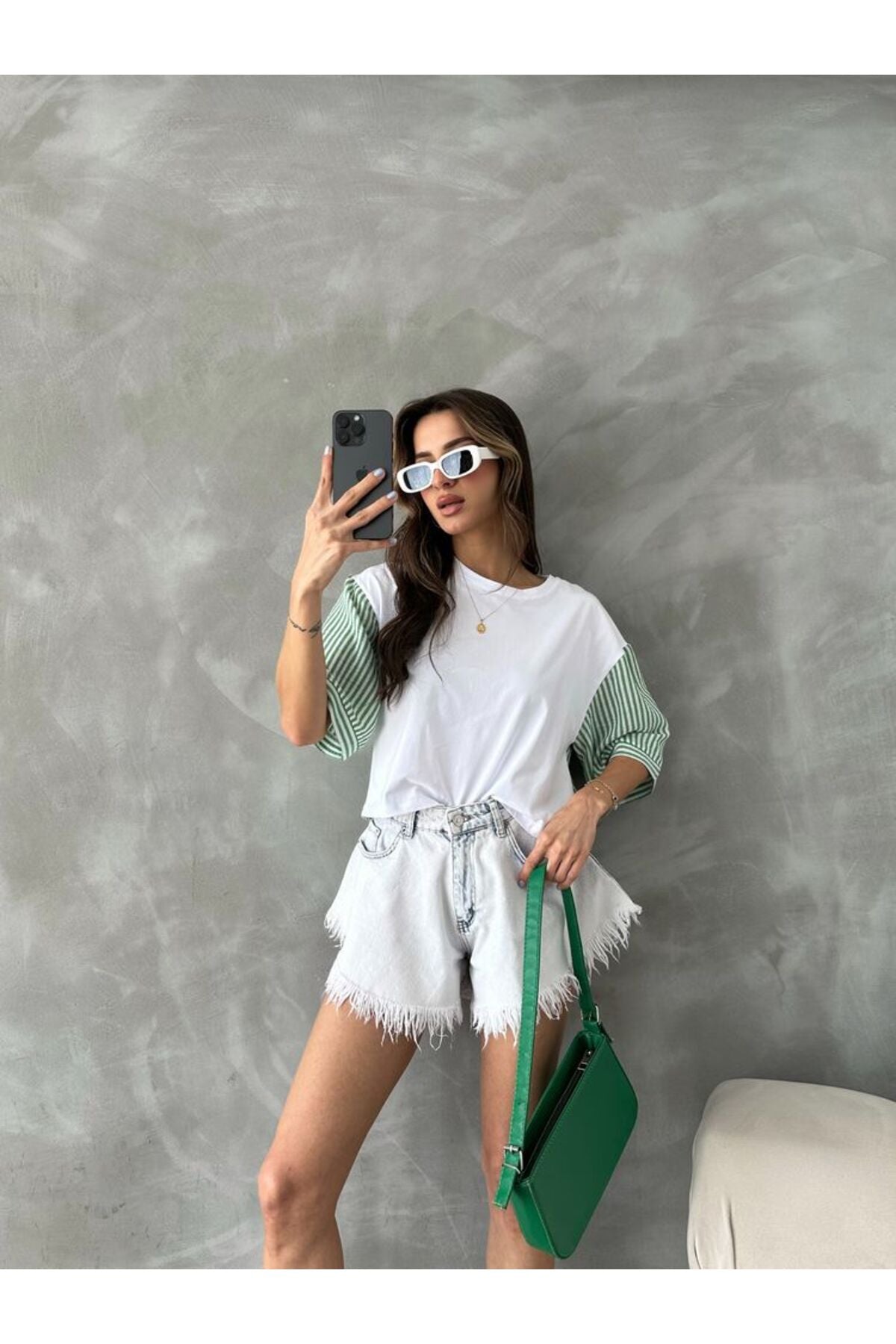 Çizgili Poplin Kollu T-Shirt | D2587