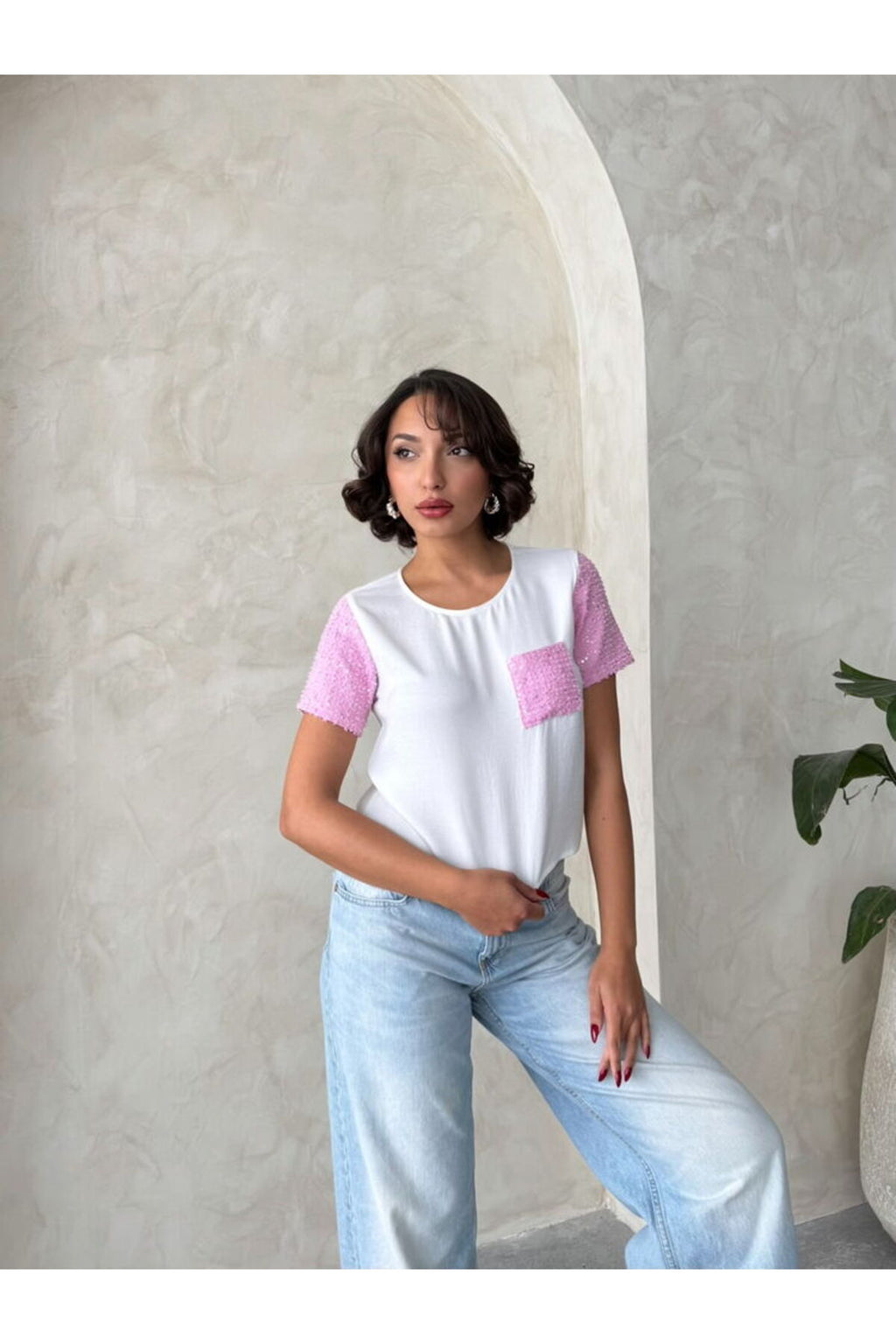 Kot Detaylı T-Shirt | D2792 - KREM PEMBE