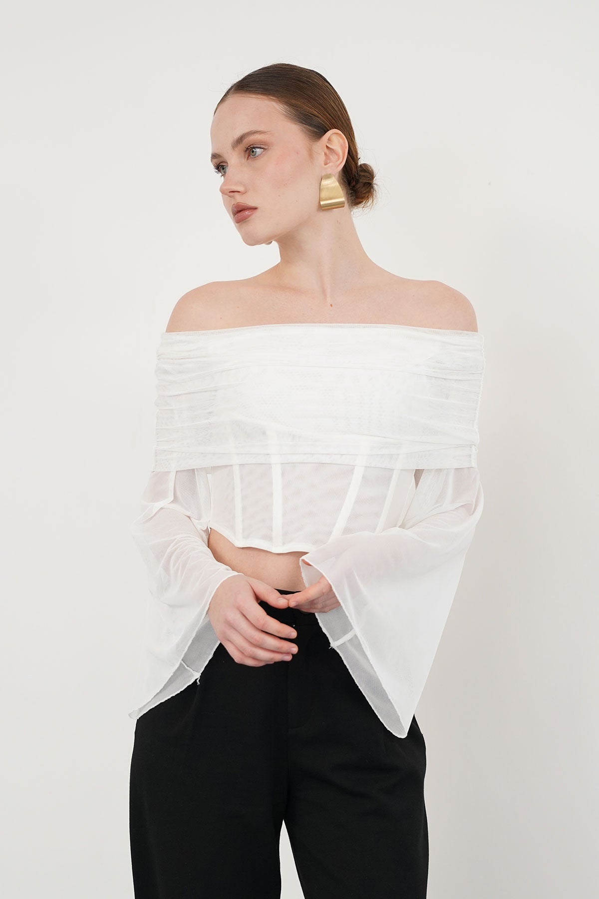 D 2977 UZUN KOL TÜL BLUZ - | D2977
