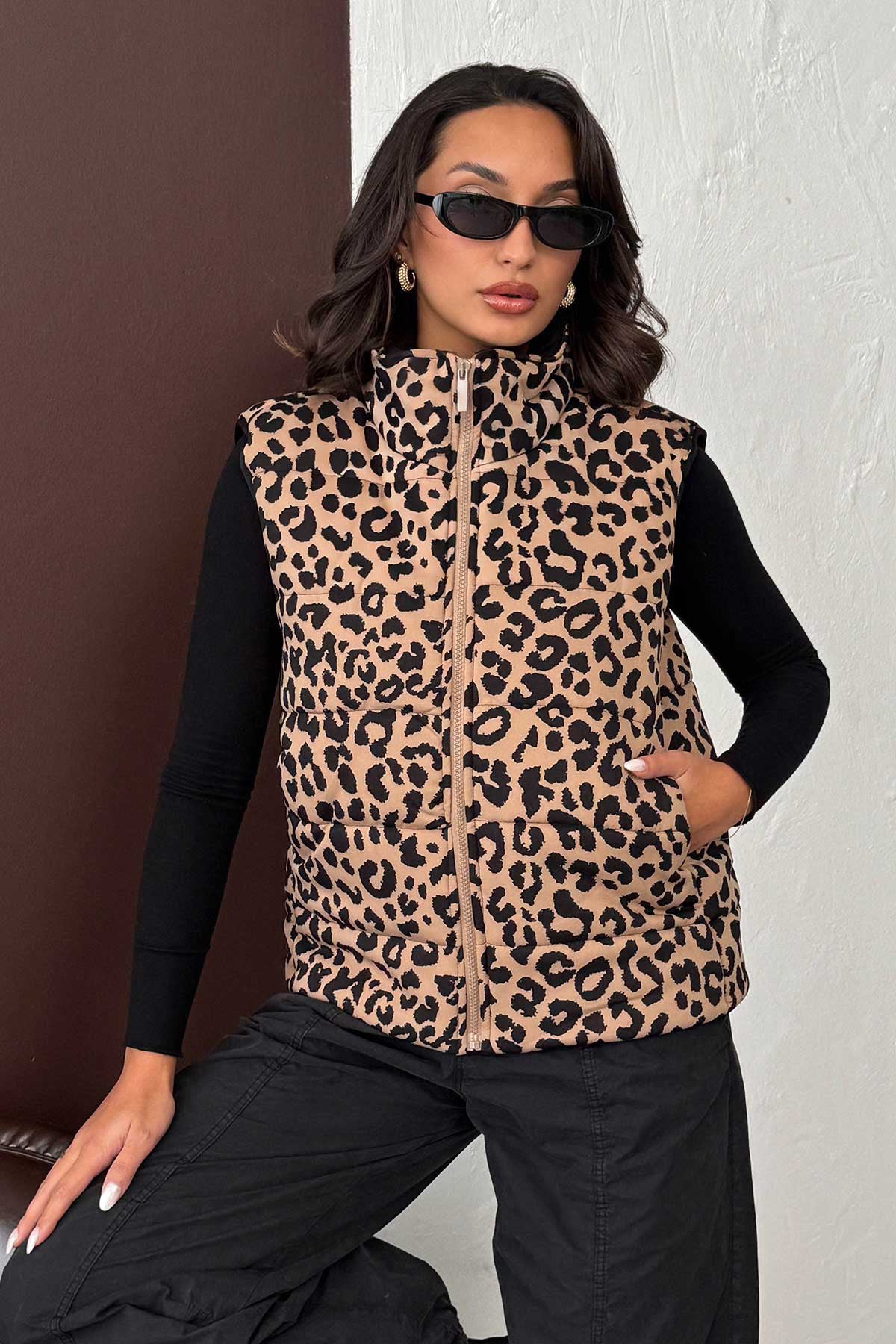 Leopar Desenli Kapitone Yelek | VMF1785
