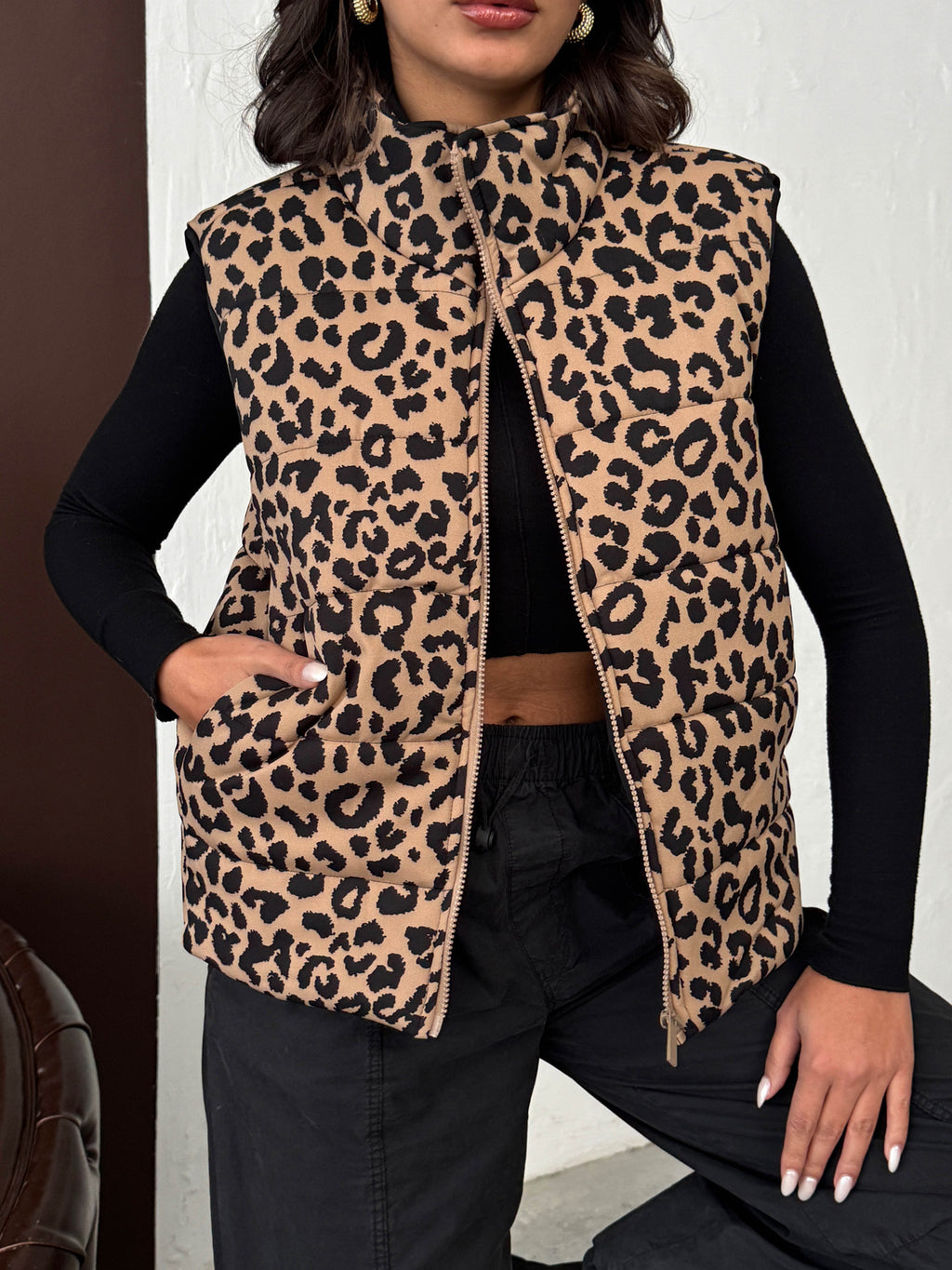 Leopar Desenli Kapitone Yelek | VMF1785