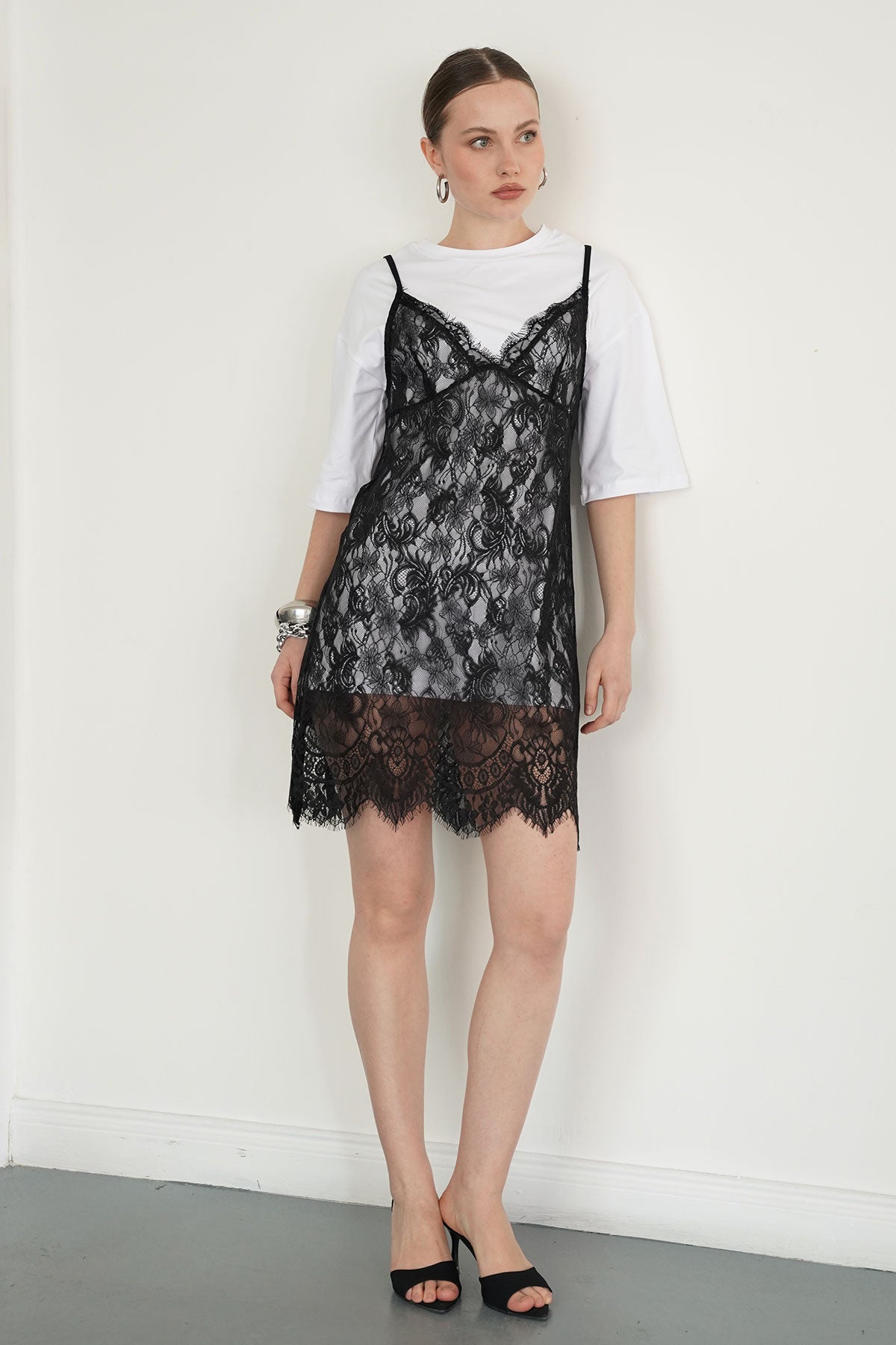 Penye Tunik Üstü Dantelli Elbise  | D2950